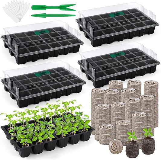 4 Pack 24-Cells Seed Starter Tray Kit Germination Tray with Humidity Dome and Base, Plant Growing Kit Germination Starter Including Peat Pellets, Plant Labels, Tool for Indoor Outdoor, Black