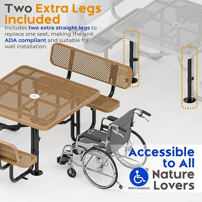 Metal Picnic Tables for Outdoors with Umbrella Hole - Coated Steel Heavy Duty Commercial Grade Table with Adjustable Seats (Brown, 46 in, Square with Back, Expanded Steel)