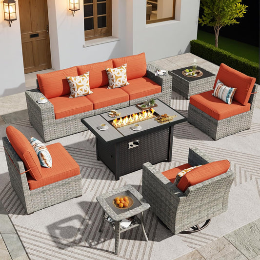 ovios 9 Pieces Patio Furniture Set, Outdoor Wicker Sectional Sofa with 42" Firepit Table Swivel Chair, Modern Modular Deep Seat Rattan Couch Conversation Sets, Orange Red