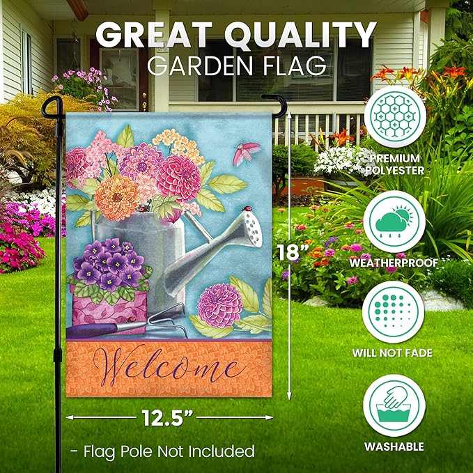 Spring Garden Flags 12.5x18 Double Sided - Floral Watering Can Flag Printed in Premium Polyester - Seasonal House Welcome Banner for Outdoor, Yard, Lawn, Deck, and Patio - Suits Most Holder