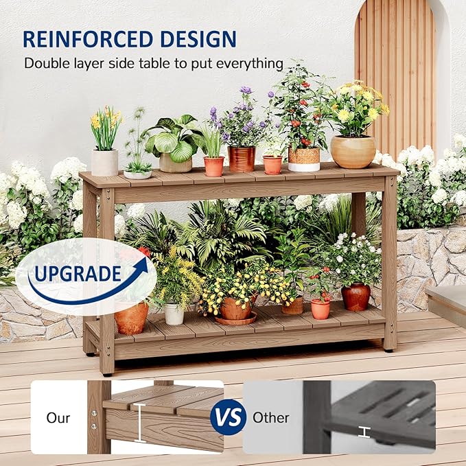 Outdoor Console Table, 48" Weather Resistant HIPS Patio Side Table, 440LBS Weight Capacity, 2-Tier Multifunctional Buffet Bar Storage Organizer for Garden Deck, Teak