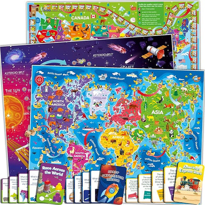 QUOKKA 3X Set Learning Board Games for Kids 6-8 - Educational Trivia Cards Ages 8-12 - Travel United States - World Map - Explore Outer Space - Gift for Children and Teens 4-8 - Floor Puzzles