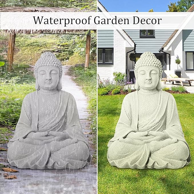 TOETOL Zen Garden Asian Buddha Statue Outdoor Indoor Yard Decor 20” High Patio Deck Sculptures Magnesium Oxide Stone Grey Home Entryway Hallway