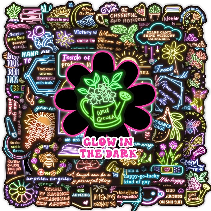 50 Pcs Inspirational Quotes Stickers for Kids Glow in The Dark, Neon Sticker for Water Bottle, Vinyl Waterproof Laptop Decals for Teens Girls Boys, Students Adults Sticker Pack