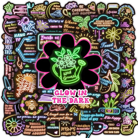 50 Pcs Inspirational Quotes Stickers for Kids Glow in The Dark, Neon Sticker for Water Bottle, Vinyl Waterproof Laptop Decals for Teens Girls Boys, Students Adults Sticker Pack