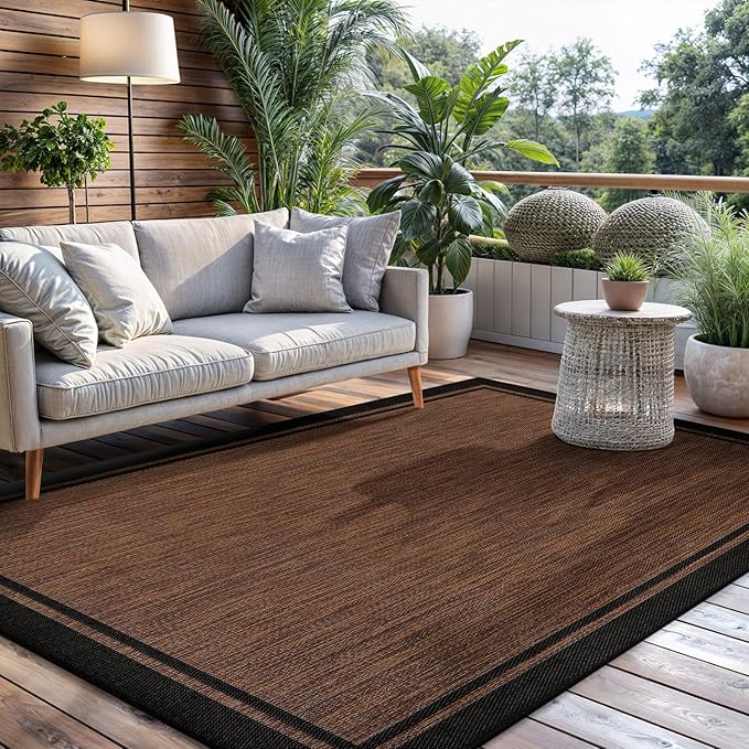 CAMILSON Indoor Outdoor Rug, 5x7 Bordered Nut Brown Black Modern Area Rugs for Indoor and Outdoor Patios, Kitchen and Hallway Mats, Washable Porch Deck Outside Carpet (Bordered Nut Brown Black, 5 x 7)