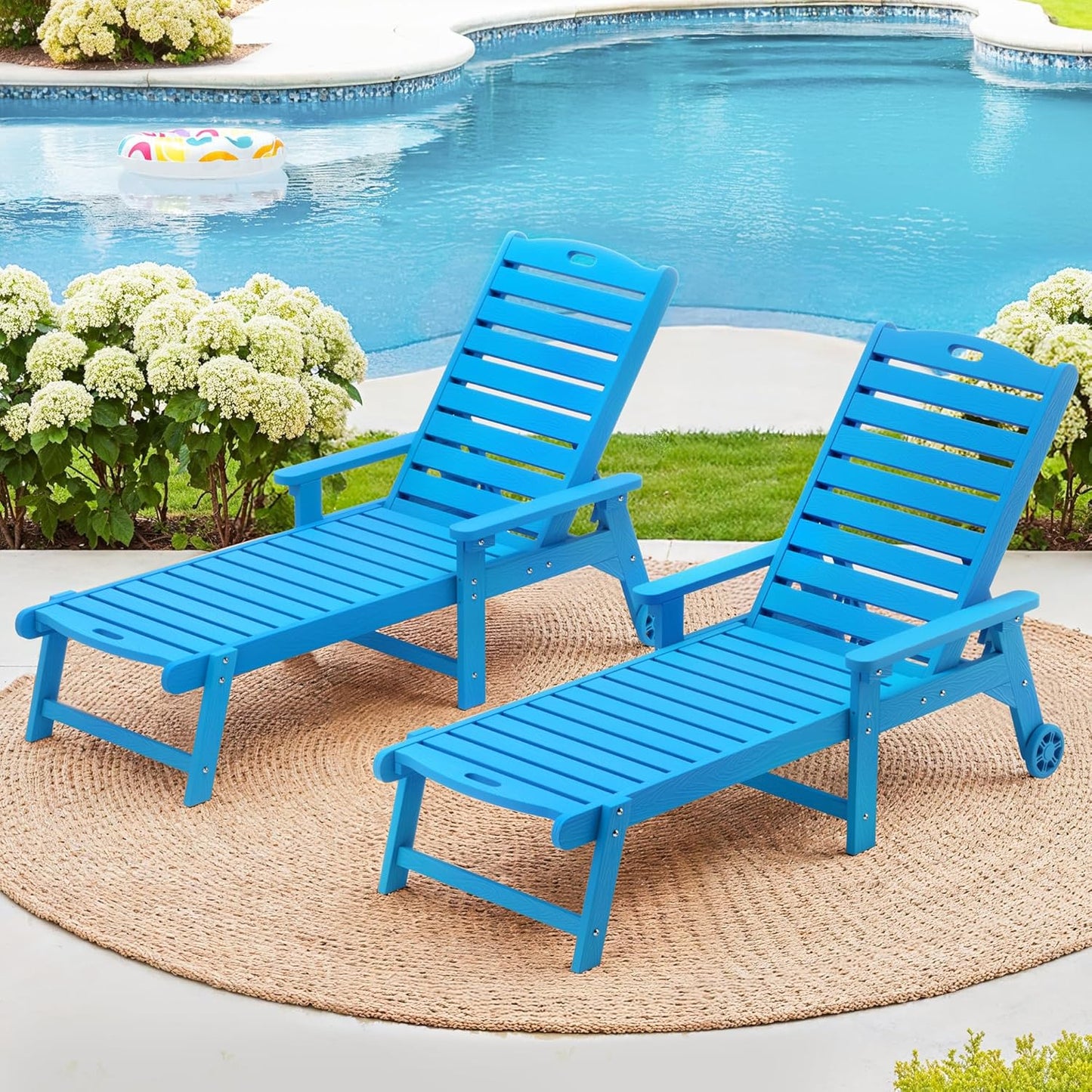 LUE BONA Outdoor Chaise Lounge Chairs Set of 2, 79'' Oversized HDPS Chaise Lounger, 5 Positions Adjustable Lounge Chairs, Pool Lounge Chair with Wheels for Poolside,3 Year Warranty, Blue