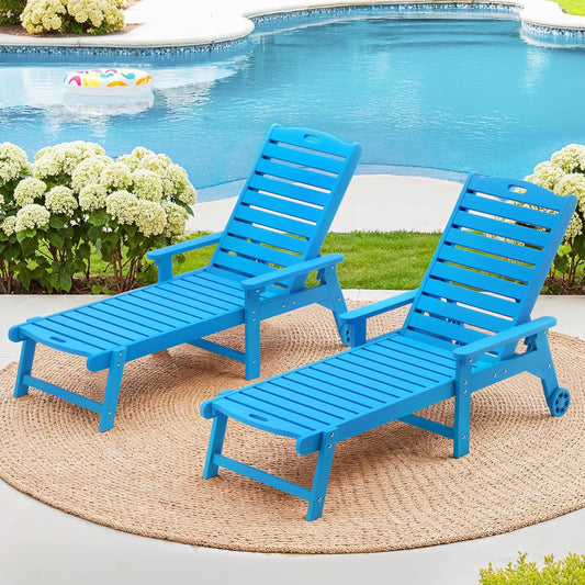 LUE BONA Outdoor Chaise Lounge Chairs Set of 2, 79'' Oversized HDPS Chaise Lounger, 5 Positions Adjustable Lounge Chairs, Pool Lounge Chair with Wheels for Poolside,3 Year Warranty, Blue