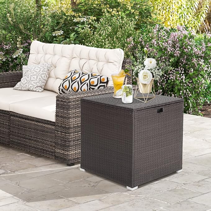 RELAX4LIFE Outdoor Storage Box 72-Gallon - Outside Wicker Storage Bin with Waterproof Zippered Liner, Gas Strut, Package Delivery Boxes for Outside, Accessories, Garden Tools Storage Deck Box