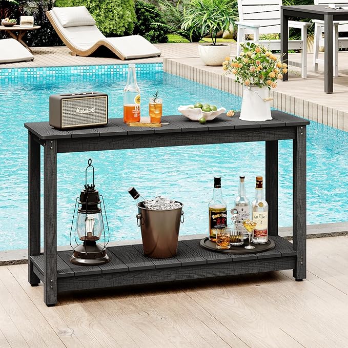 Outdoor Console Table, 48" Weather Resistant HIPS Patio Side Table, 440LBS Weight Capacity, 2-Tier Multifunctional Buffet Bar Storage Organizer for Garden Deck, Black