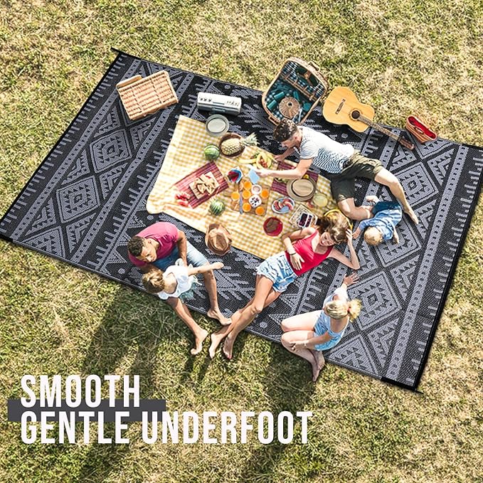 OLANLY Outdoor Rug Waterproof 6x9 ft, Reversible Outdoor Plastic Straw Rug, Boho Patio Rug, Indoor Outdoor Carpet, RV Mat Outside for Patio, Camp, Picnic, Balcony, Deck, Backyard, Black & Grey