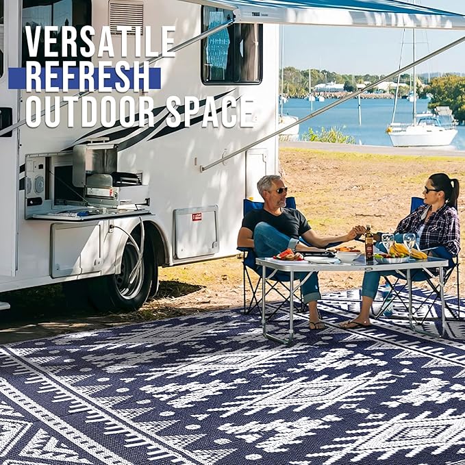 OLANLY Outdoor Rug Waterproof 4x6 ft, Reversible Outdoor Plastic Straw Rug, Boho Patio Rug, Indoor Outdoor Carpet, RV Mat Outside for Patio, Camp, Picnic, Balcony, Deck, Backyard, Navy & White