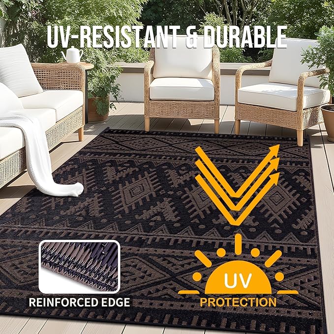 OLANLY Outdoor Rug Waterproof 10x14 ft, Reversible Outdoor Plastic Straw Rug, Boho Patio Rug, Indoor Outdoor Carpet, RV Mat Outside for Patio, Camp, Picnic, Balcony, Deck, Backyard, Black & Brown