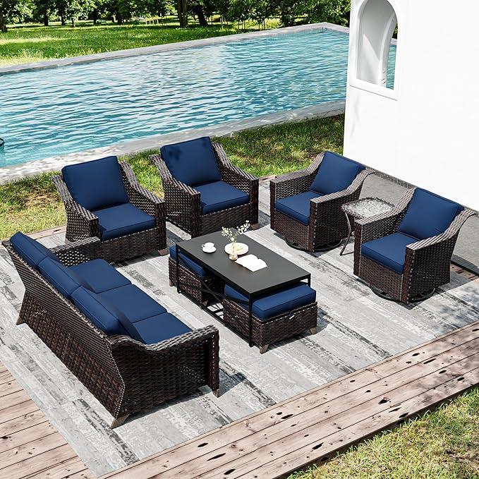 Joyside Wicker Patio Furniture Sets, 9 Pieces Upgraded Large Size Outdoor Furniture with Swivel Rocking Patio Chairs, Patio Dining Chair, 3-Seat Sofa, Outdoor Ottoman, Coffee Table, Thick Cushions