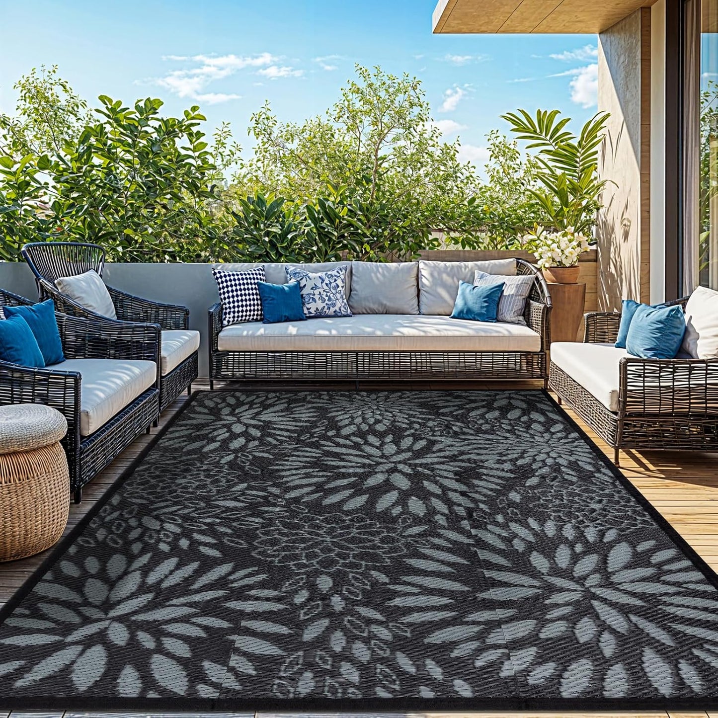 8'x10' Reversible Outdoor Rug - Eco-Friendly Plastic Straw Rug-Heavy-Duty Waterproof Mat, UV & Fade Resistant for Patio, Camping, RV, Deck, Balcony(8x10,Black&Floral)