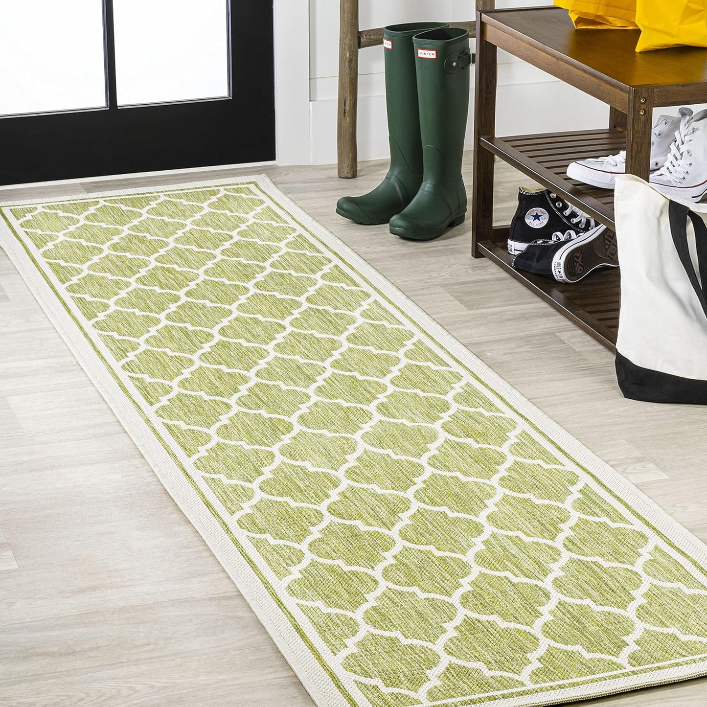 Eyely BMS109G-210 Santa Monica Trebol Moroccan Trellis Textured Weave Indoor/Outdoor Runner Rug Coastal;Bohemian, Bedroom, Backyard, Patio, Easy-Cleaning, Non-Shedding, 2 X 10, Green/Cream