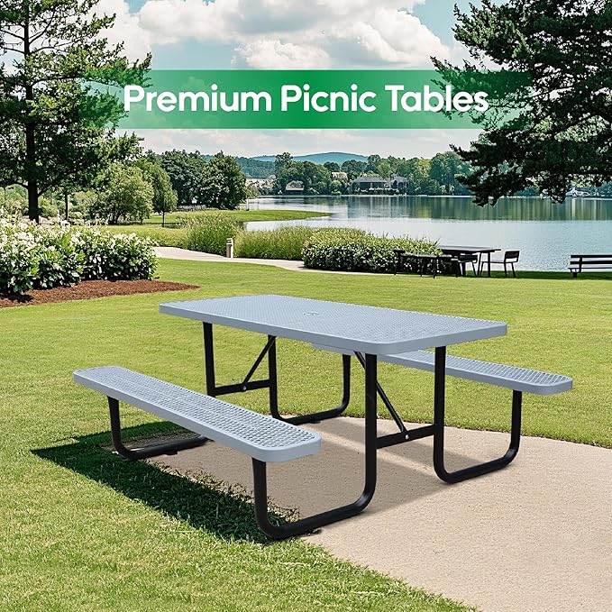 6FT Metal Picnic Tables for Outdoors, Commercial Rectangular Picnic Table and Bench Set for Outside, Patio, Garden, Backyard, Porch, Surface Mount, Grey