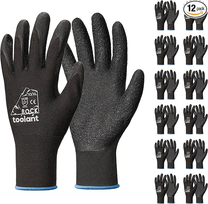 toolant Crinkle Latex Work Gloves Bulk, Rubber Coated Safety Work Gloves for Men and Women, 12 Pairs for Construction, Gardening, Warehouse (Black, XL)
