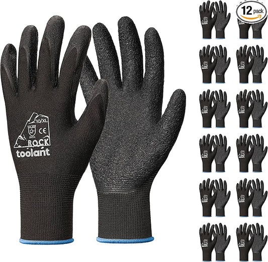 toolant Crinkle Latex Work Gloves Bulk, Rubber Coated Safety Work Gloves for Men and Women, 12 Pairs for Construction, Gardening, Warehouse (Black, XL)