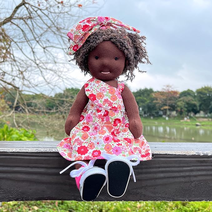 BlissfulPixie Handmade Birthday Present for Girl Black Doll Waldorf Collect Rag Doll with Exquisite Box-Dezi 12"