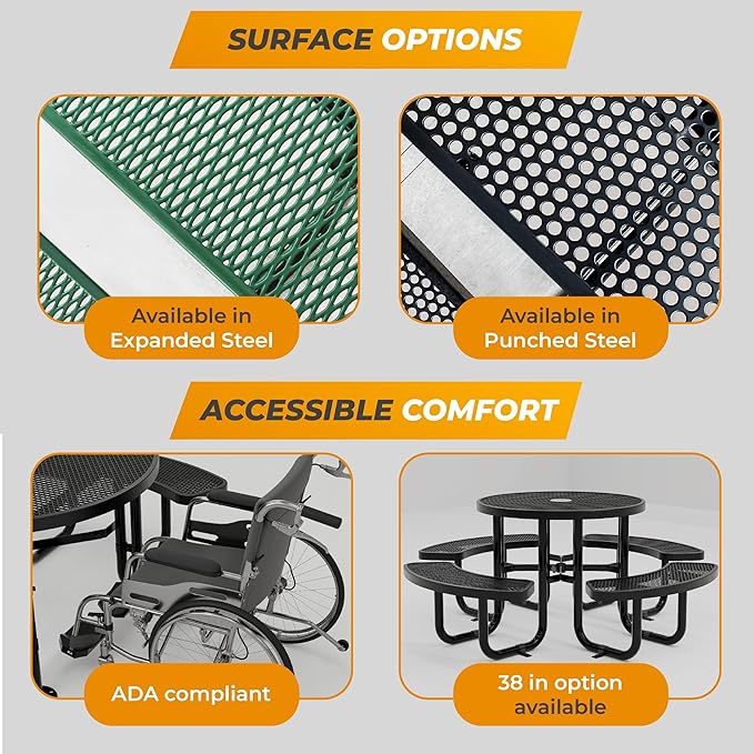 Metal Picnic Tables for Outdoors with Umbrella Hole - Coated Steel Heavy Duty Commercial Grade Table with Adjustable Seats (Green, 46 in, Round, Punched Steel)