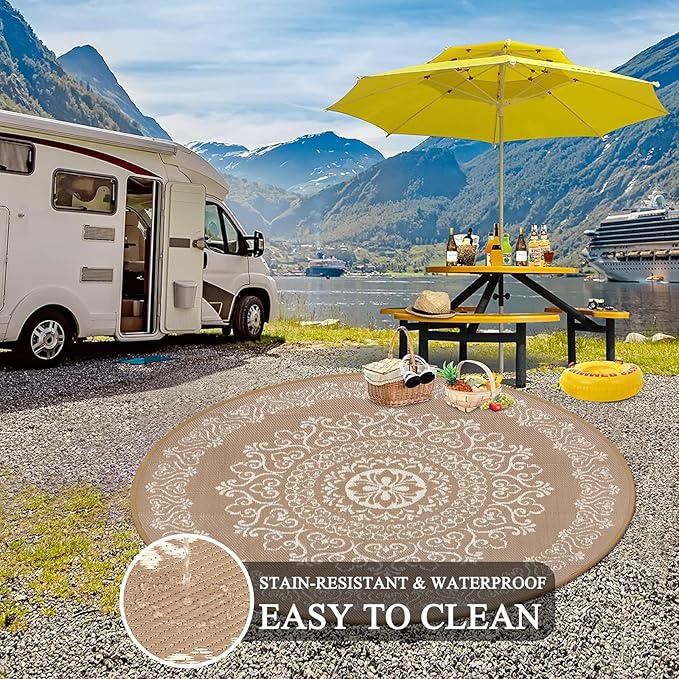 Pauwer Waterproof Outdoor Rug 6ft, Reversible Plastic Straw Patio Camping Rug, Indoor Outdoor RV Mat Carpet for Deck, Camper, Porch, Balcony, Backyard, Picnic, Floral Brown