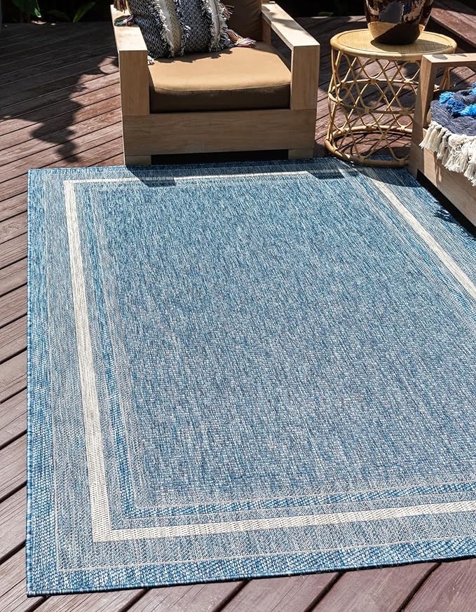 Unique Loom Outdoor Border Collection Area Rug - Soft Border (8' x 11' 4" Rectangle, Blue/ Ivory)