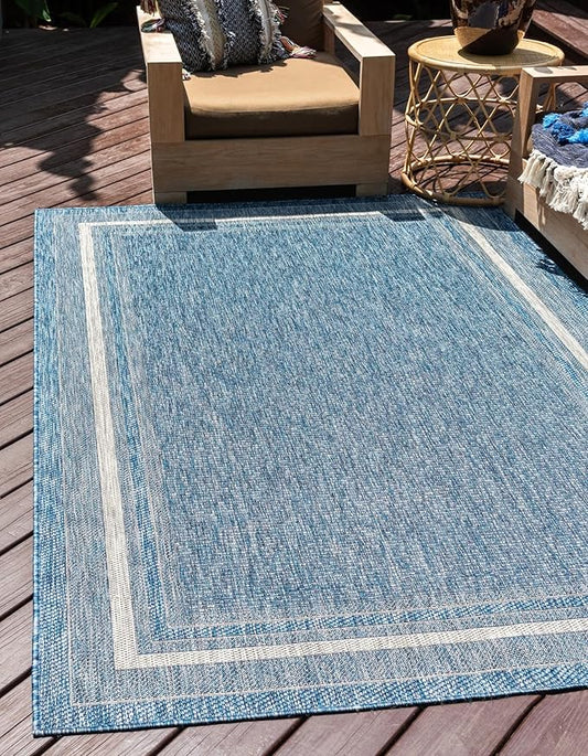 Unique Loom Outdoor Border Collection Area Rug - Soft Border (8' x 11' 4" Rectangle, Blue/ Ivory)