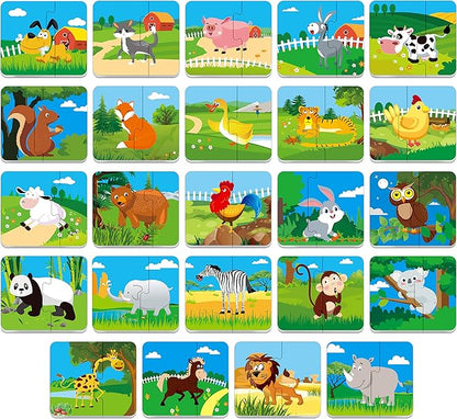 48 Animal Matching Puzzles with Error-Correction Mechanism Pre-Primer in 2 Pieces, Perfect for Preschool Learning (24 Blocks Double Sided)