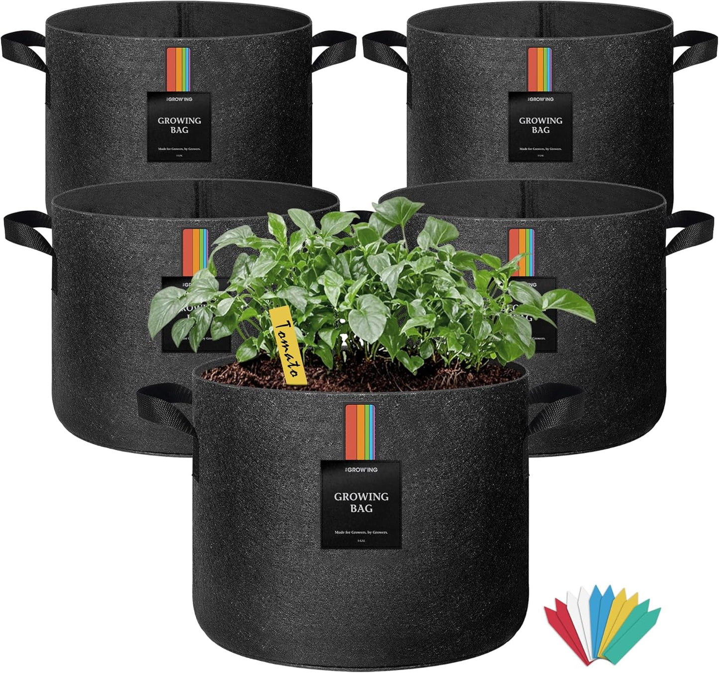 The Growing 5 Pack 5 Gallon Fabric Grow Bags，Thickened Aeration Nonwoven Fabric Plant Pots with Durable Handles,Heavy Duty 300G Planter Pot for Tomato, Fruits, Vegetables and Flowers, Black