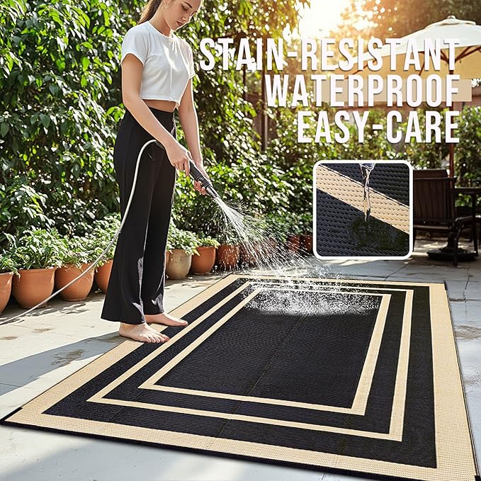 OLANLY Outdoor Rug 8x10 ft Waterproof, Reversible Outdoor Plastic Straw Rug, RV Mat, Indoor Outdoor Carpet Clearance for Patio, Camping, Balcony, Deck, Backyard, Black & Beige