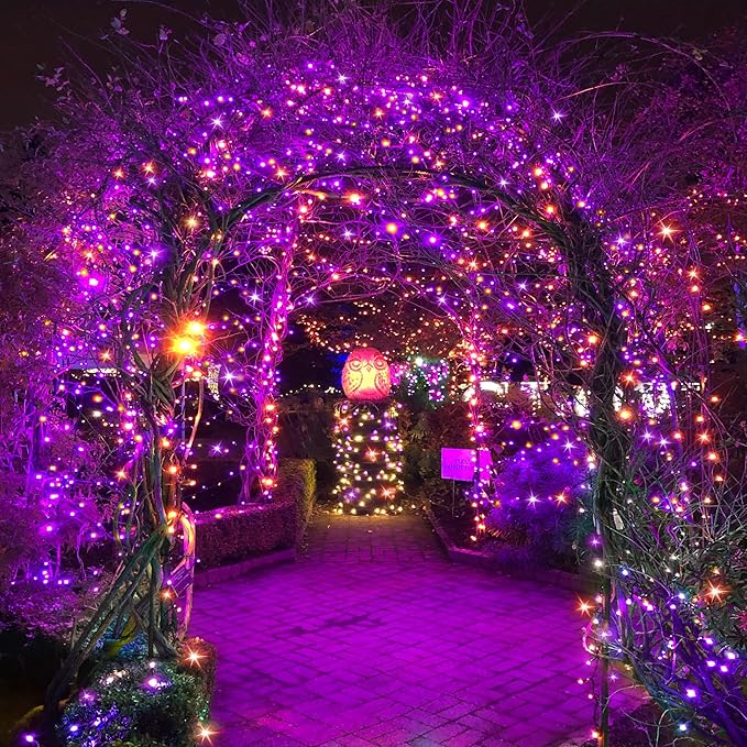 Halloween 300 LED String Lights,105FT String Lights with 8 Modes&Timer Function, Purple and Orange Halloween Lights Plug in for Party Carnival Supplies, Outdoor/Indoor Yard Garden Decor