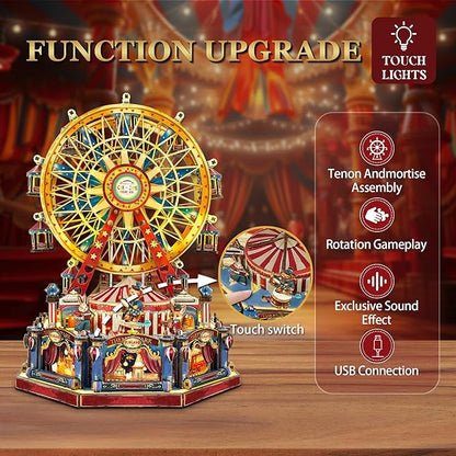 DIY 3D Wooden Puzzle Ferris Wheel,DIY Dollhouse Kit Circus Building Model,Christmas Decor Craft Sets with Lights and Music,Gifts for Adults Teens -Century Ferris Wheel(SQ-69)