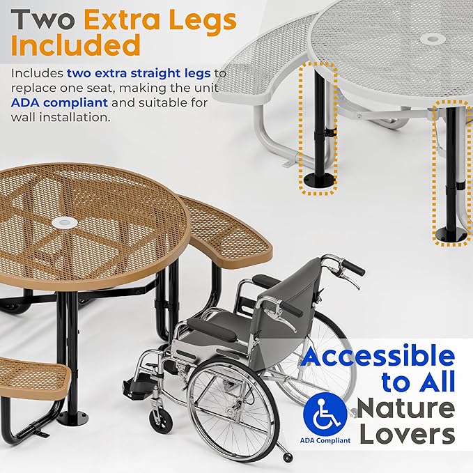 Metal Picnic Tables for Outdoors with Umbrella Hole - Coated Steel Heavy Duty Commercial Grade Table with Adjustable Seats (Brown, 46 in, Round, Expanded Steel)