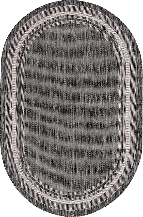 Unique Loom Outdoor Border Collection Area Rug - Soft Border (5' 3" x 8' Oval, Black/ Ivory)
