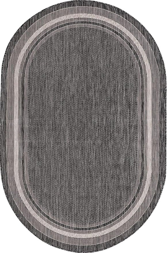 Unique Loom Outdoor Border Collection Area Rug - Soft Border (5' 3" x 8' Oval, Black/ Ivory)