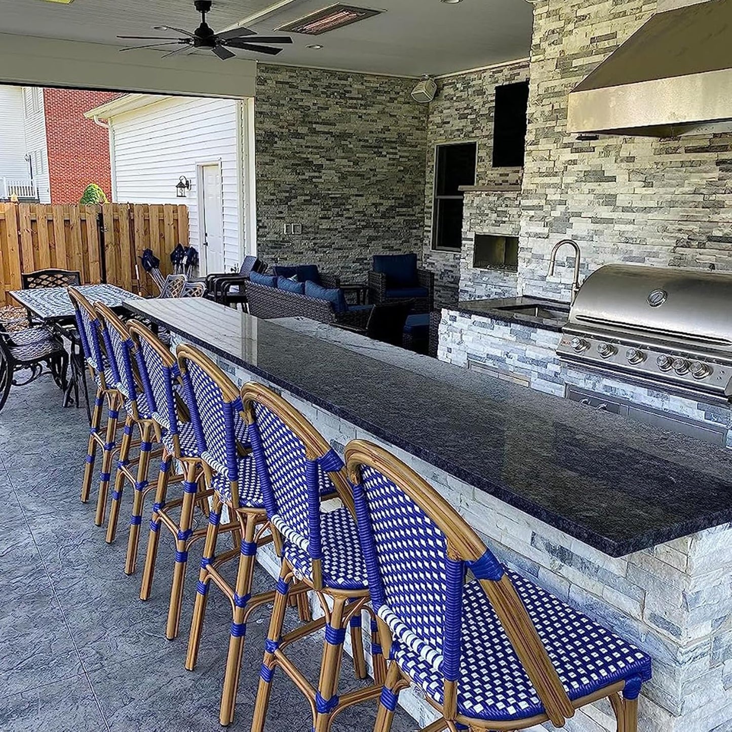 PURPLE LEAF French Bar Stool Set of 4 Bamboo Print Finish Patio Bar Stools with Back Rattan Bar Chairs Wicker Bar Height Stool 30" with Footrest Kitchen Island Stools Outdoor Barstool Royal Blue