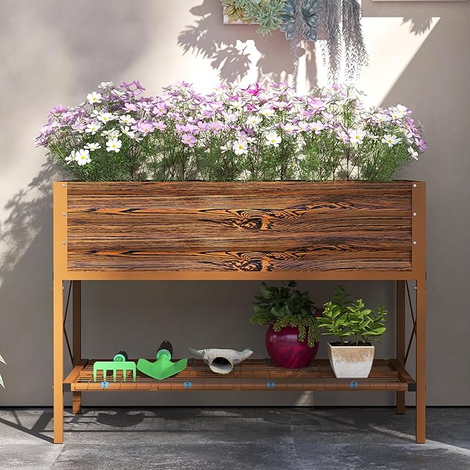 Outsunny Raised Garden Bed with Galvanized Steel Frame, Storage Shelf and Bed Liner, Elevated Planter Box with Legs for Vegetables, Flowers, Herbs, Dark Brown