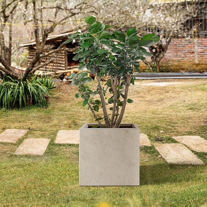 Kante 12 Inch Square Concrete Planter for Outdoor Indoor Home Patio Garden, Large Plant Pot with Drainage Hole and Rubber Plug, Weathered Concrete