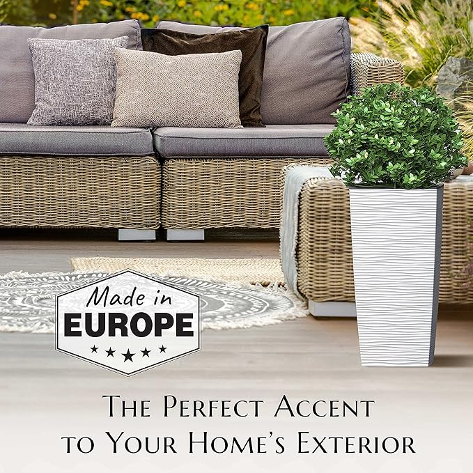 Mueller M-Resin Heavy Duty Tall Planter, Indoor/Outdoor Grande Plant, Tree, Flower Pot, 2-Piece Set, 27.5”, Modern Design, Built-in Drainage, White