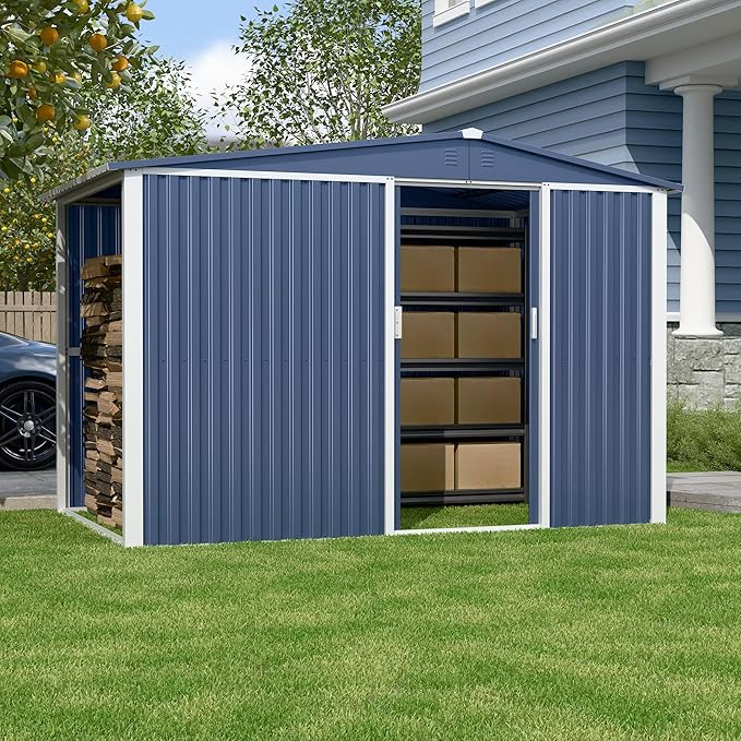 Metal Outdoor Storage Shed 10FT x 6FT with Firewood Storage, Steel Utility Tool Shed Storage House with Sliding Door, Metal Sheds Outdoor Storage for Backyard Garden Patio Lawn, Blue