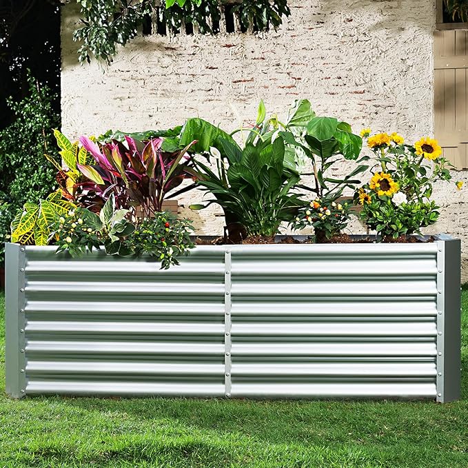 Land Guard 6×3×2 ft Galvanized Metal Raised Garden Bed, 2FT Deep Root Elevated Planter Box Steel Large Vegetable Flower Bed Kit（Silver）