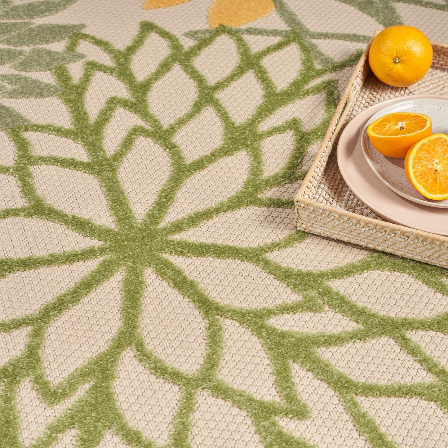 Nourison Home Aloha Indoor/Outdoor Green Multicolor 7'10" x Round Area Rug, Easy-Cleaning, Non Shedding, Bed Room, Living Room, Dining Room, Backyard, Patio, Deck (8 Round)