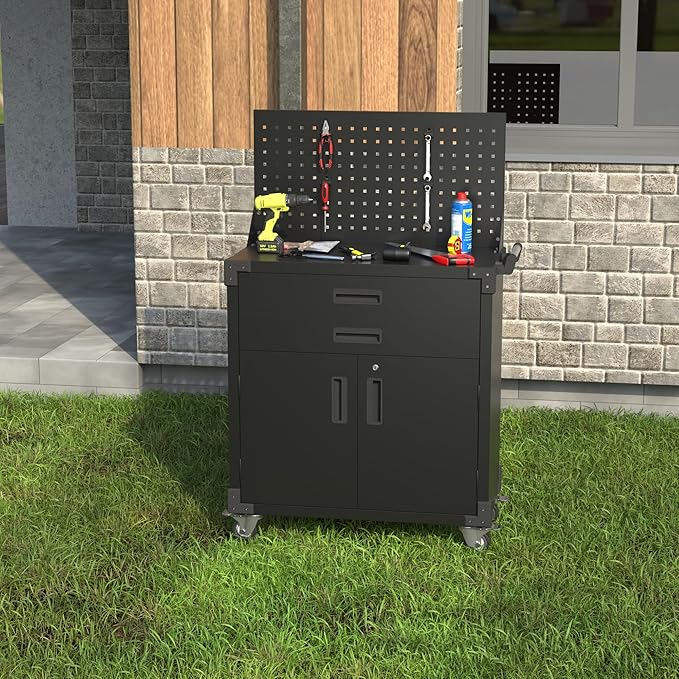 Tool Chest, Tool Cart with 2 Drawer and Lockable Doors, Garage Storage Cabinet with Wheels, Pegboard and 4 Hooks for Garage, Workshop, Metal Tool Storage Cart