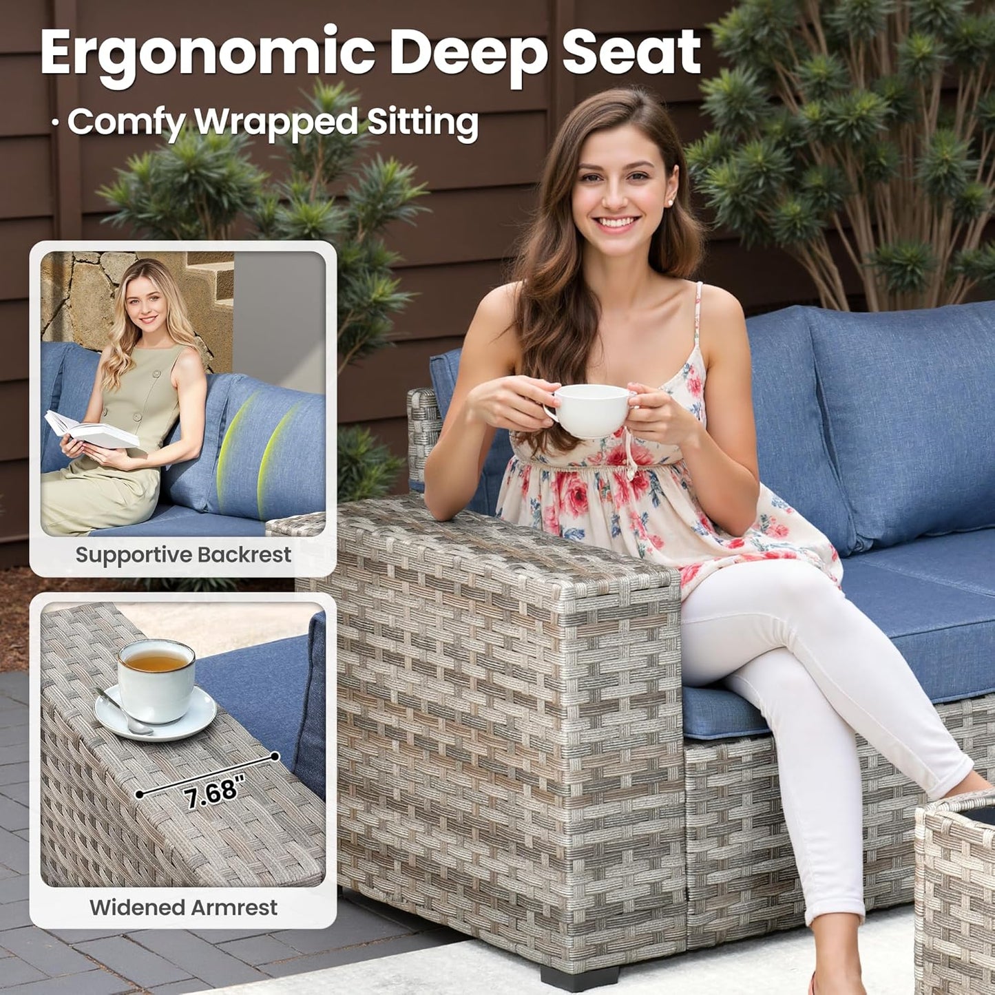 ovios 13 Pieces Patio Furniture Set, Outdoor Wicker Sectional Sofa with 54 Inch Fire Pit Table Comfy Cushions, Modern Modular Deep Seat Rattan Couch Conversation Set, Denim Blue