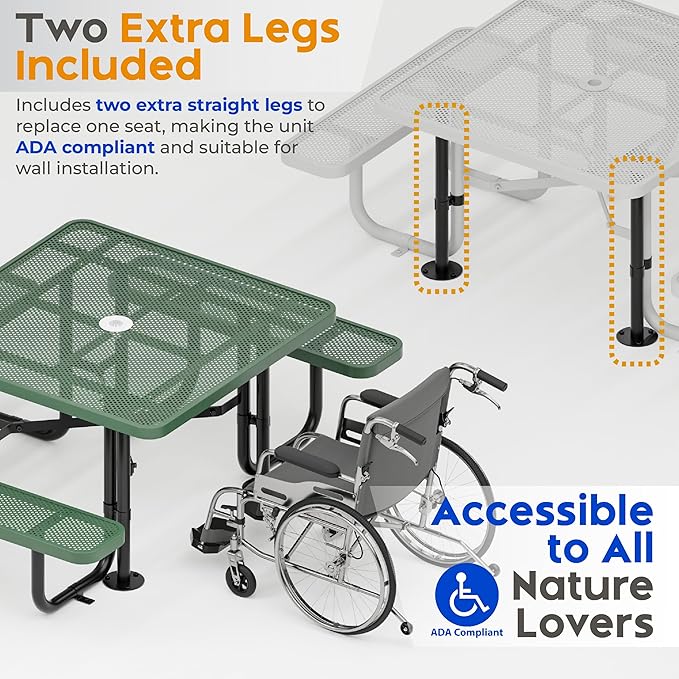 Metal Picnic Tables for Outdoors with Umbrella Hole - Coated Steel Heavy Duty Commercial Grade Table with Adjustable Seats (Green, 46 in, Square, Punched Steel)