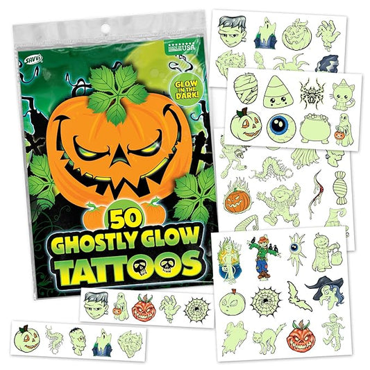 Glow in the Dark Ghost Temporary Tattoos – 50 Pack Halloween Tattoos for Kids, Spooky Party Favors, Non-Toxic & Easy to Apply, Fun Trick-or-Treat Handouts