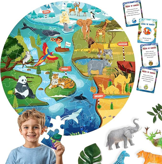 Jumbo 70 Piece Round Floor Puzzles for Kids Ages 3-5, 6-8, Large Jigsaw Puzzle with Educational Flash Cards and 3D Figures | Educational Gift (Animal Safari)