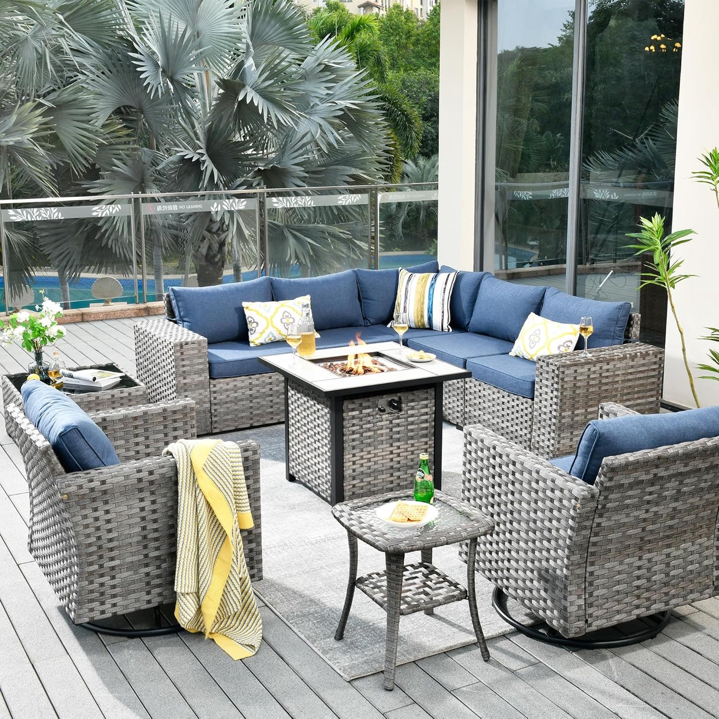 HOOOWOOO 10 Piece Modular Patio Outdoor Sectional Furniture Set with Gas Propane Fire Pit Table,Wicker Conversation Sofa Set with Swivel Chairs,Outside Couch Set(Denim Blue)
