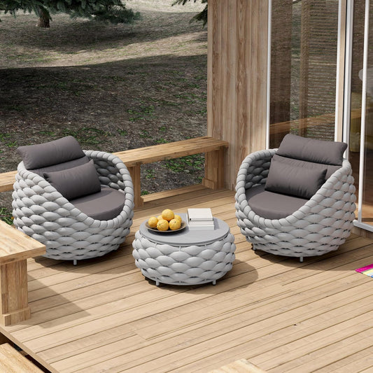 Front Porch Furniture Set 3 Piece: Aluminum Woven Rope Patio Conversation Sofa Set for 2 - Assembled Outdoor Deck Couch Armchair Set Cushions - for 400lb Balcony Pool Yard Bistro Hotel - Gray